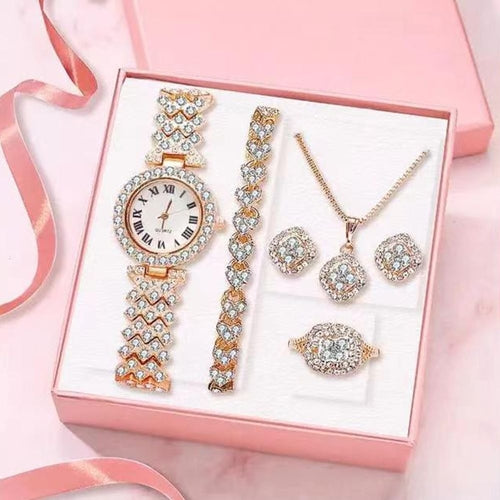 6pcs/set Rhinestone Watch + Jewelry Set Fancy Women Watches Jewelry