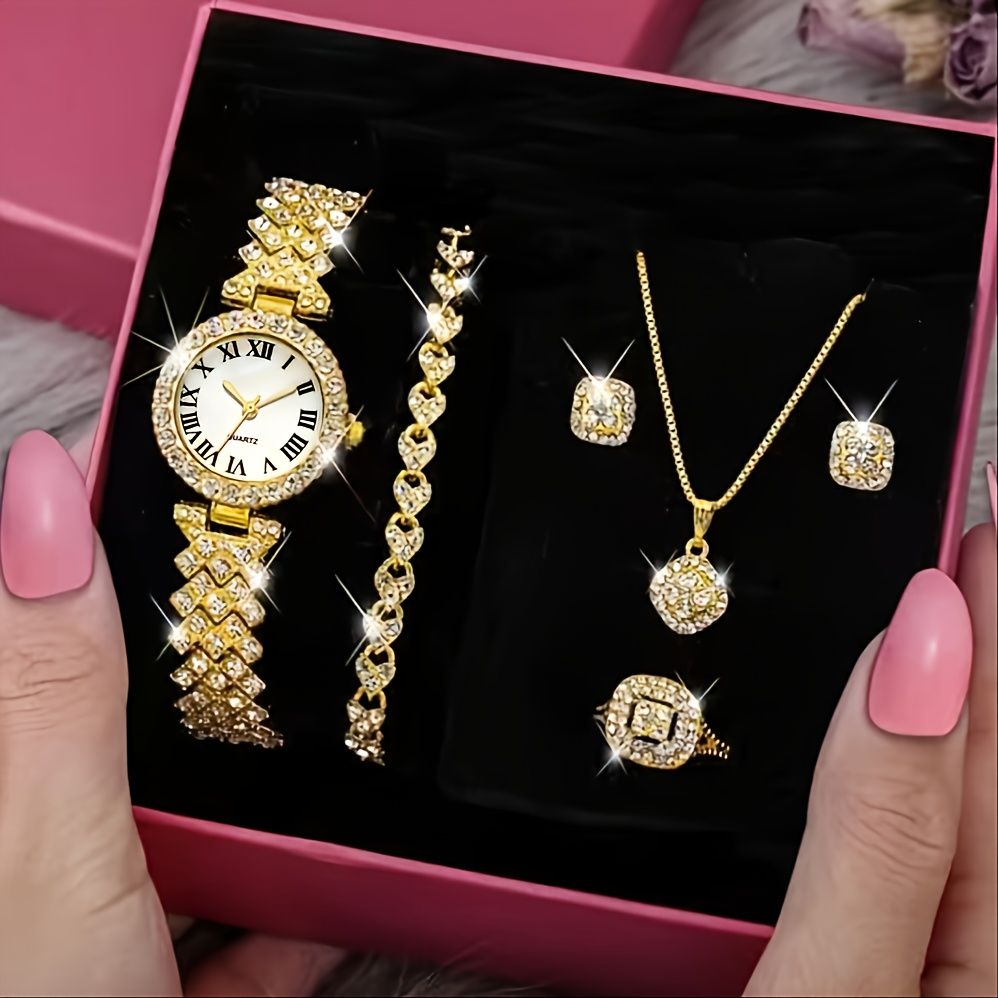 6pcs/set Rhinestone Watch + Jewelry Set Fancy Women Watches Jewelry