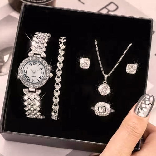 6pcs/set Rhinestone Watch + Jewelry Set Fancy Women Watches Jewelry